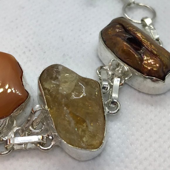 925 Sterling Solar Agate, Pearl, Citrine, Bracelet - Picture 2 of 7